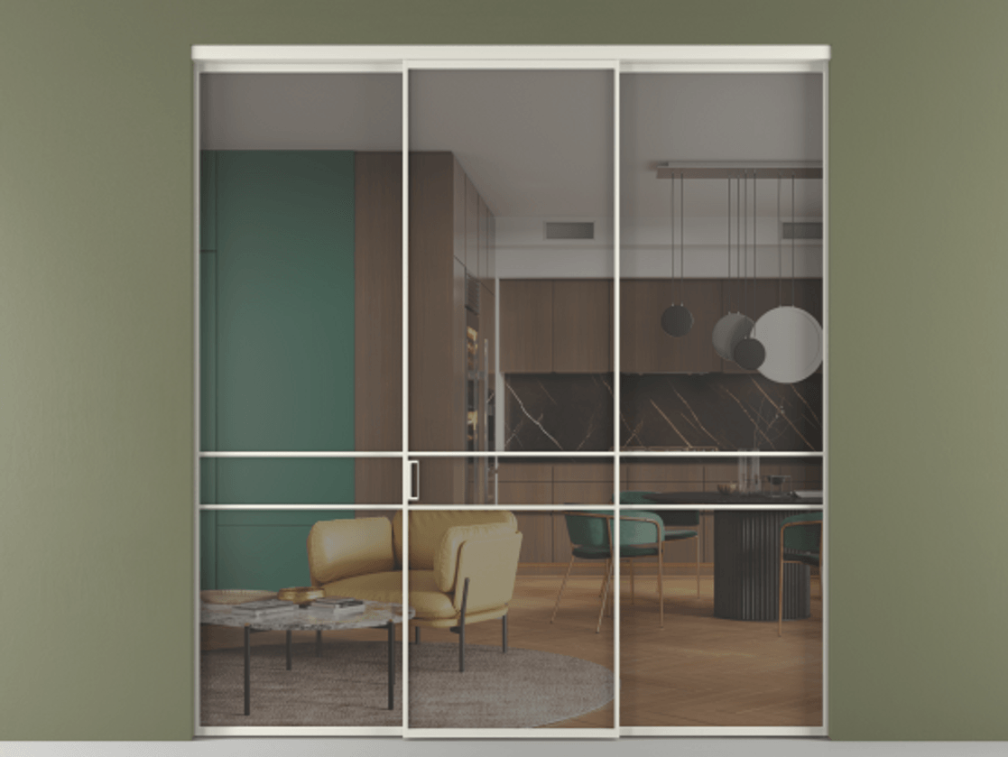 Перегородка Formato внутри проёма трёхстворчатая АЛПР 040.02 Алюминий Белый Рефлективное серое стекло "Stopsol", калёное, 6 мм. Скрытый короб БЕЛ Цена 289300 ₽ 1. Полотно 3 шт.  (800/2100 мм)
2. Комплект установки раздвижной системы
3. Базовый комплект фурнитуры
4.Ручка RONDO. Фабрика дверей Волховец 8 (800) 551 43 19  Перегородка Formato внутри проёма трёхстворчатая АЛПР 040.02 Алюминий Белый Рефлективное серое стекло "Stopsol", калёное, 6 мм Цена 289300 ₽ | Volhovec