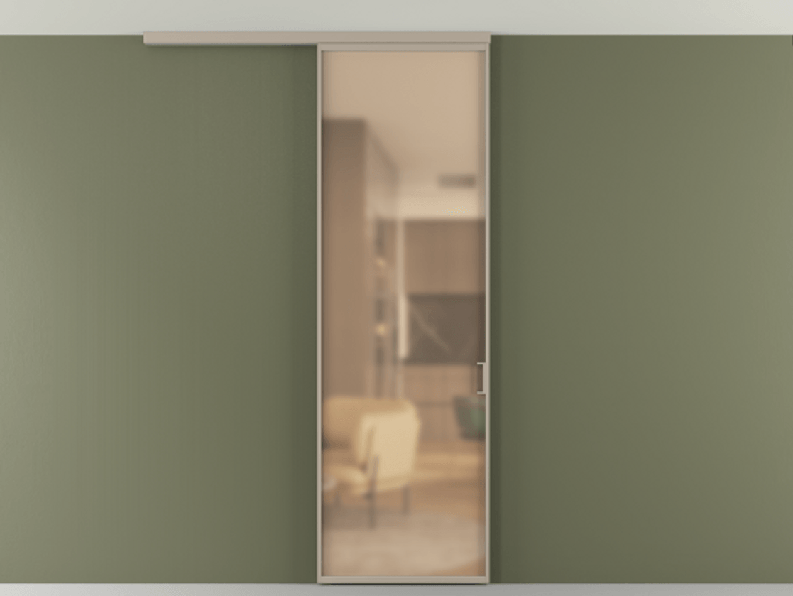 Перегородка Формато вдоль стены на потолок 1 створка АЛПР 040.01 Алюминий бисквитный Сатинированное оранжевое стекло, триплекс Цена 623200 AMD | Volhovec