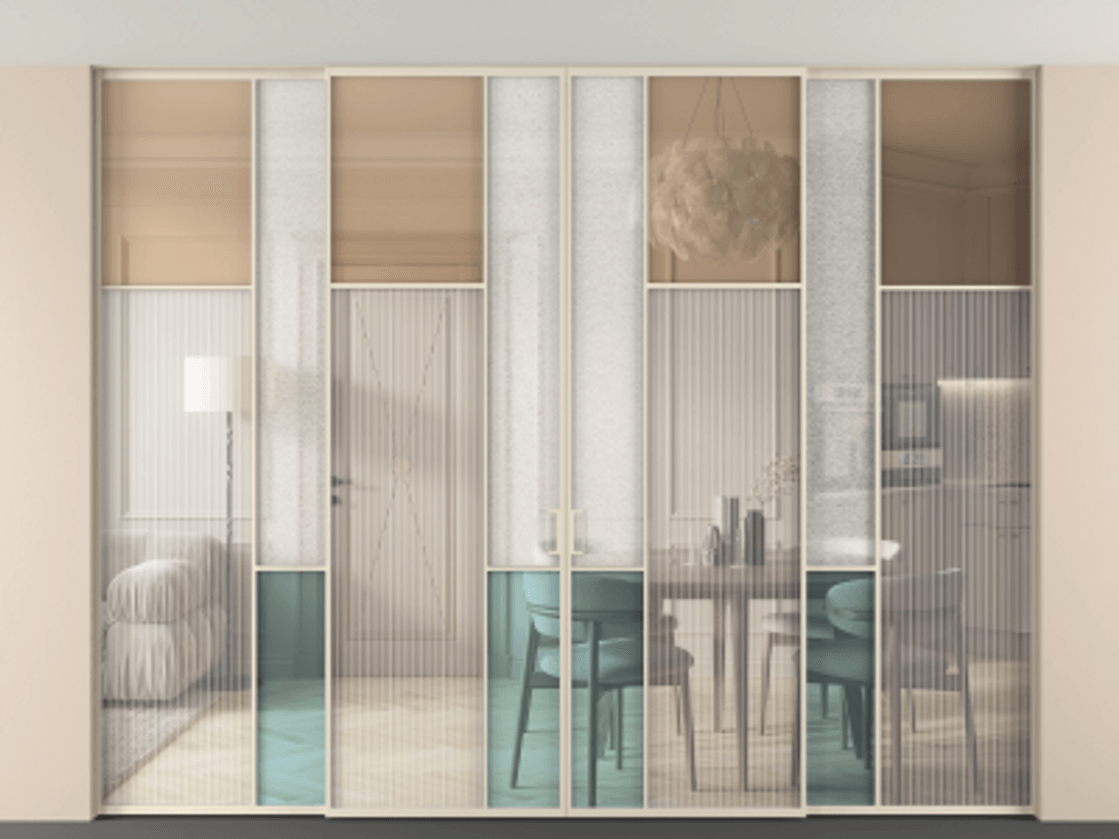 Перегородка Mosaic внутри проёма скрытое крепление в потолок 4 створки АЛПР 041.11 Алюминий бежево-серый Комбинация стекол Группы 1 и Группы 3 Цена 4162800 AMD | Volhovec