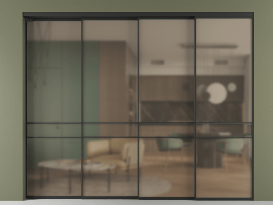 Перегородка Formato внутри проёма телескопик синхро 3 АЛПР 040.02 Алюминий Черный Сатинированное бронзовое стекло, триплекс, 6 мм. Скрытый короб ЧЕР Цена 494240 ₽ 1. Полотно 4 шт. (800/2100 мм)
2. Комплект установки раздвижной системы
3. Базовый комплект фурнитуры
4. Комплект фурнитуры телескопик синхро-3
5. Ручка RONDO
. Фабрика дверей Волховец 8 (800) 551 43 19 Перегородка Formato внутри проёма телескопик синхро 3 АЛПР 040.02 Алюминий Черный Сатинированное бронзовое стекло, триплекс, 6 мм Цена 494240 ₽ | Volhovec