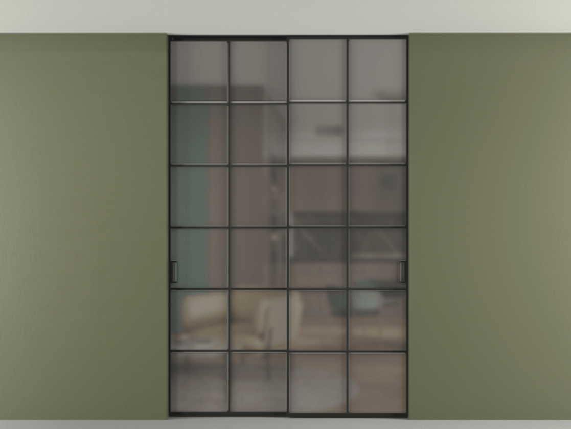 Перегородка Formato внутри проёма скрытое крепление в потолок 2 створки АЛПР 040.05 Алюминий Черный Сатинированное серое стекло, триплекс Цена 254485 ₽ | Volhovec