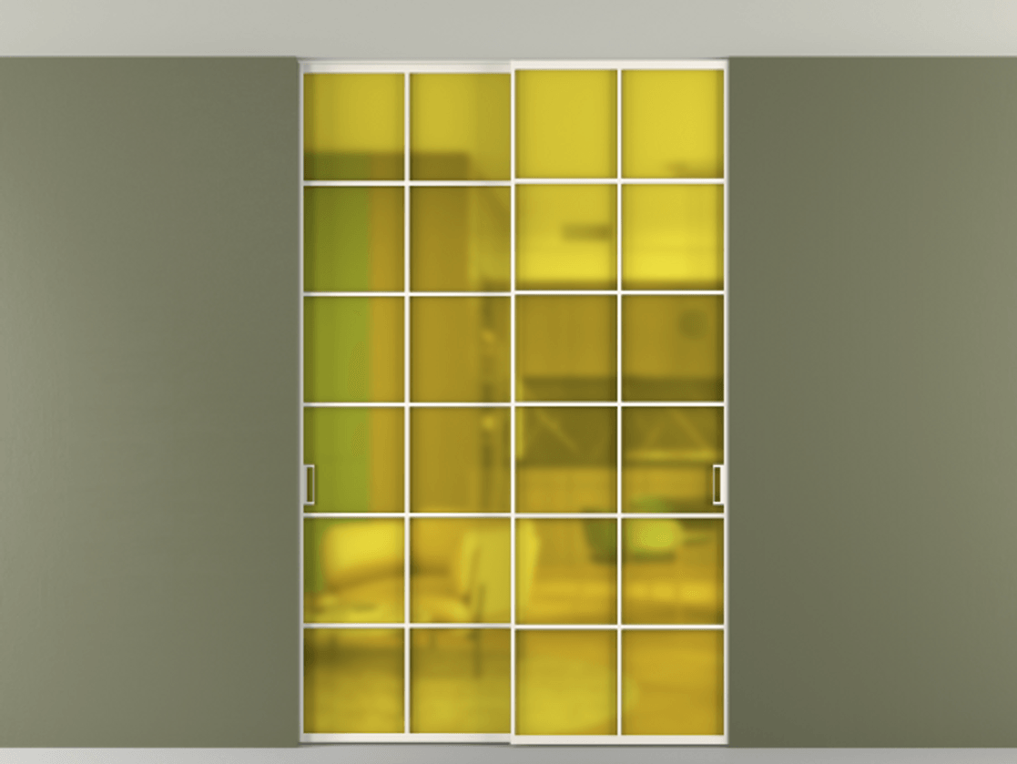 Перегородка Формато внутри проёма скрытое крепление в потолок 2 створки АЛПР 040.05 Алюминий пудровый белый Сатинированное жёлтое стекло, триплекс Цена 313300 ₽ | Volhovec