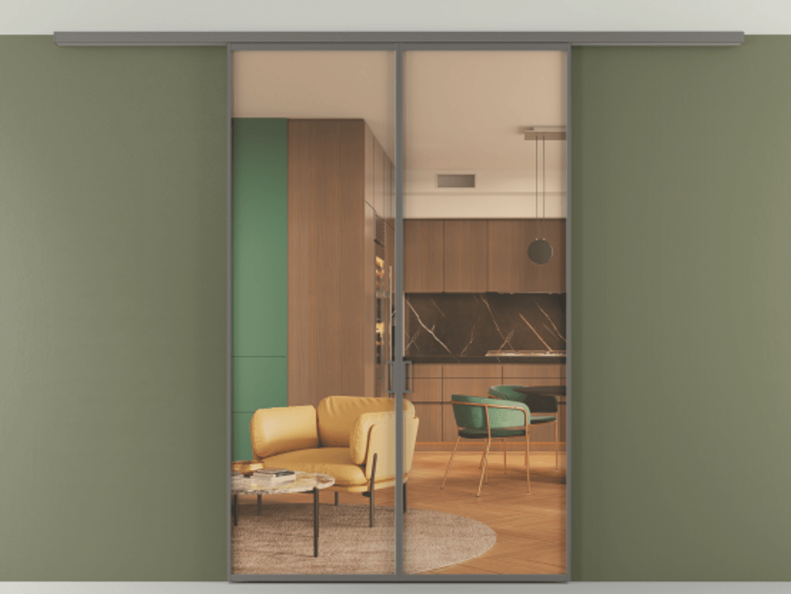 Перегородка Формато вдоль стены на потолок 2 створки АЛПР 040.01 Алюминий классический серый Прозрачное оранжевое стекло, триплекс Цена 1250100 AMD | Volhovec