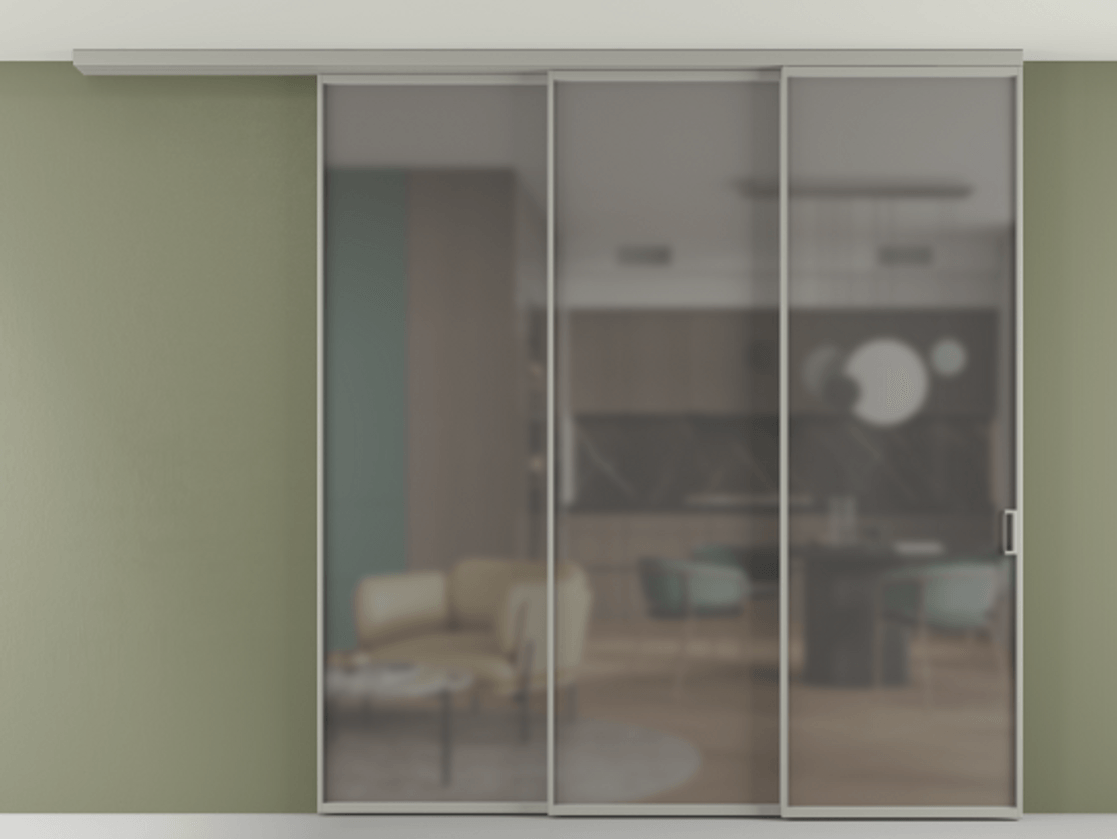 Перегородка Формато вдоль стены на потолок 3 створки с синхронным механизмом АЛПР 040.01 Алюминий нейтральный серый Сатинированное серое стекло, триплекс Цена 2576940 AMD | Volhovec