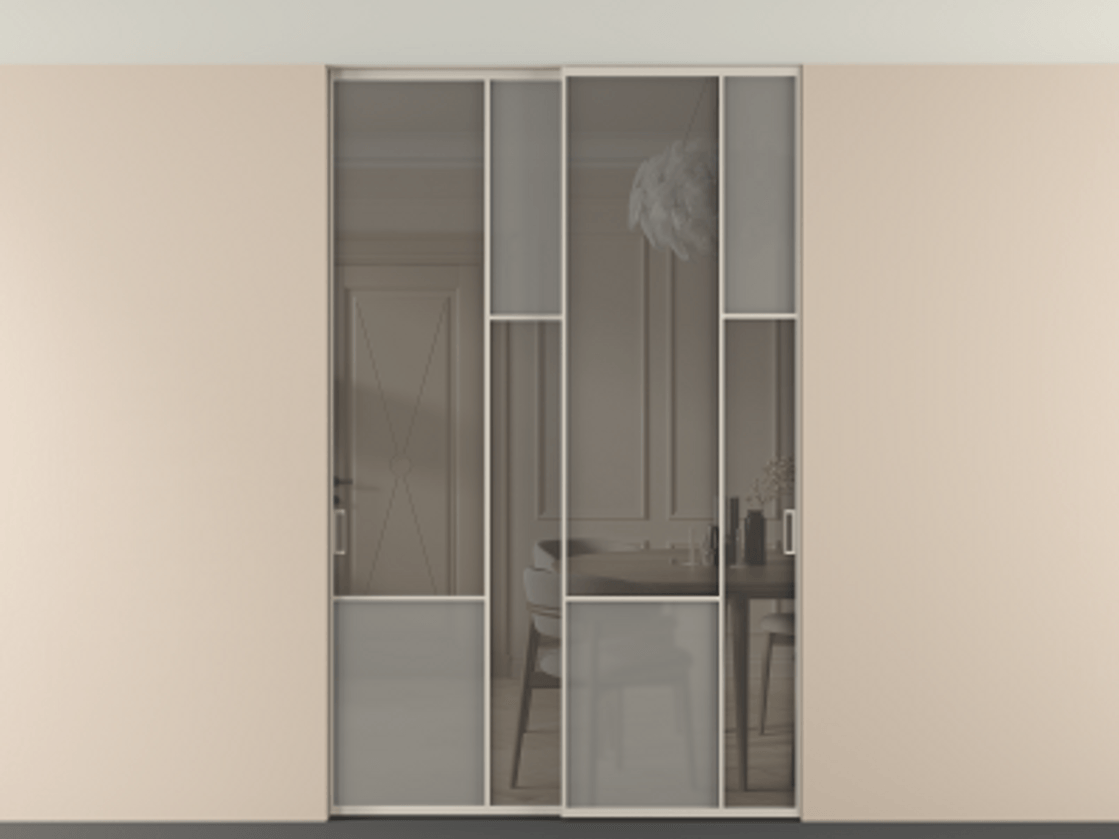 Перегородка Мозаик внутри проёма скрытое крепление в потолок 2 створки АЛПР 041.12 Алюминий светло-бежевый Сатинированное серое стекло, триплекс, 6 мм + Прозрачное серое стекло, триплекс Цена 2188970 AMD | Volhovec