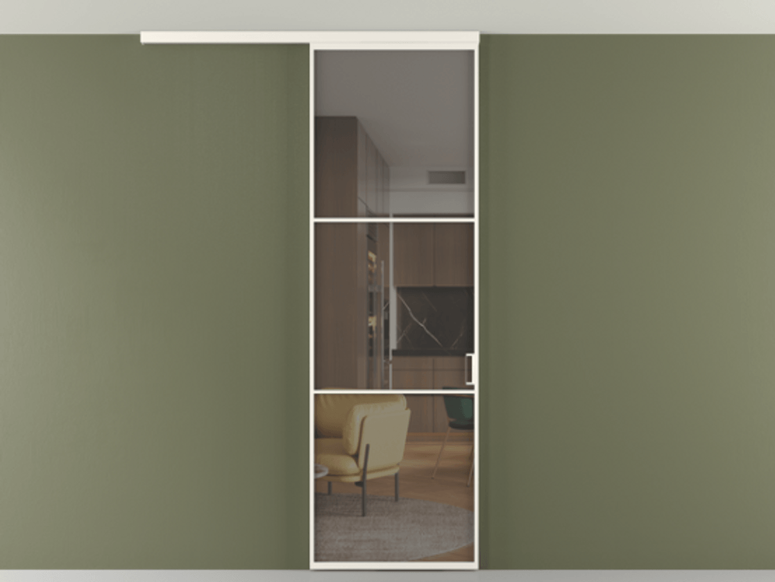 Перегородка Формато вдоль стены на потолок 1 створка АЛПР 040.03 Алюминий пудровый белый Прозрачное серое стекло, триплекс Цена 653210 AMD | Volhovec