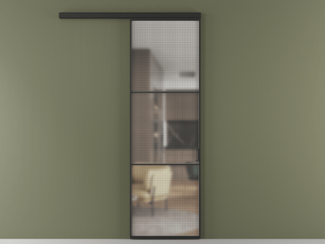 Перегородка Formato вдоль стены 1 створка АЛПР 040.03 Алюминий Черный Декоративное стекло с сеткой "Mesh silver", триплекс Цена 730380 AMD  | Volhovec