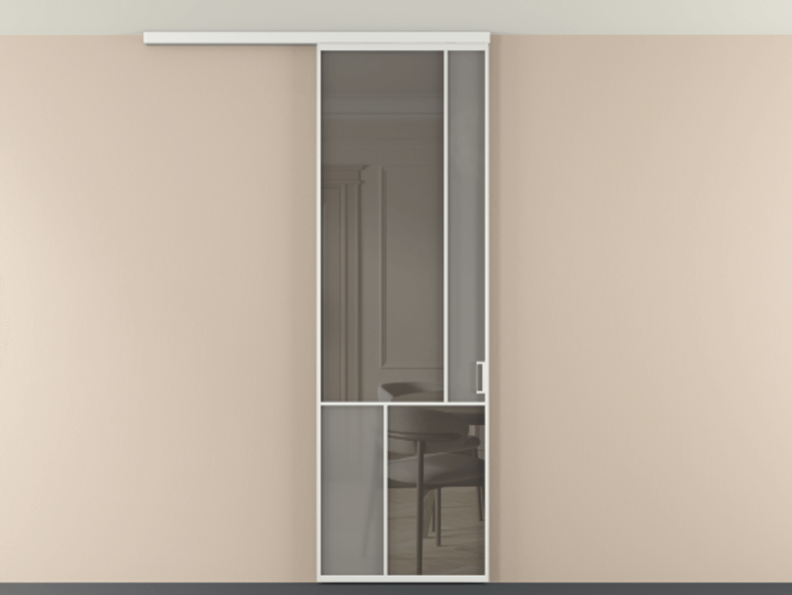 Перегородка Мозаик вдоль стены на потолок 1 створка АЛПР 041.21 Алюминий белоснежный Сатинированное серое стекло, триплекс, 6 мм + Прозрачное серое стекло, триплекс Цена 910710 AMD | Volhovec