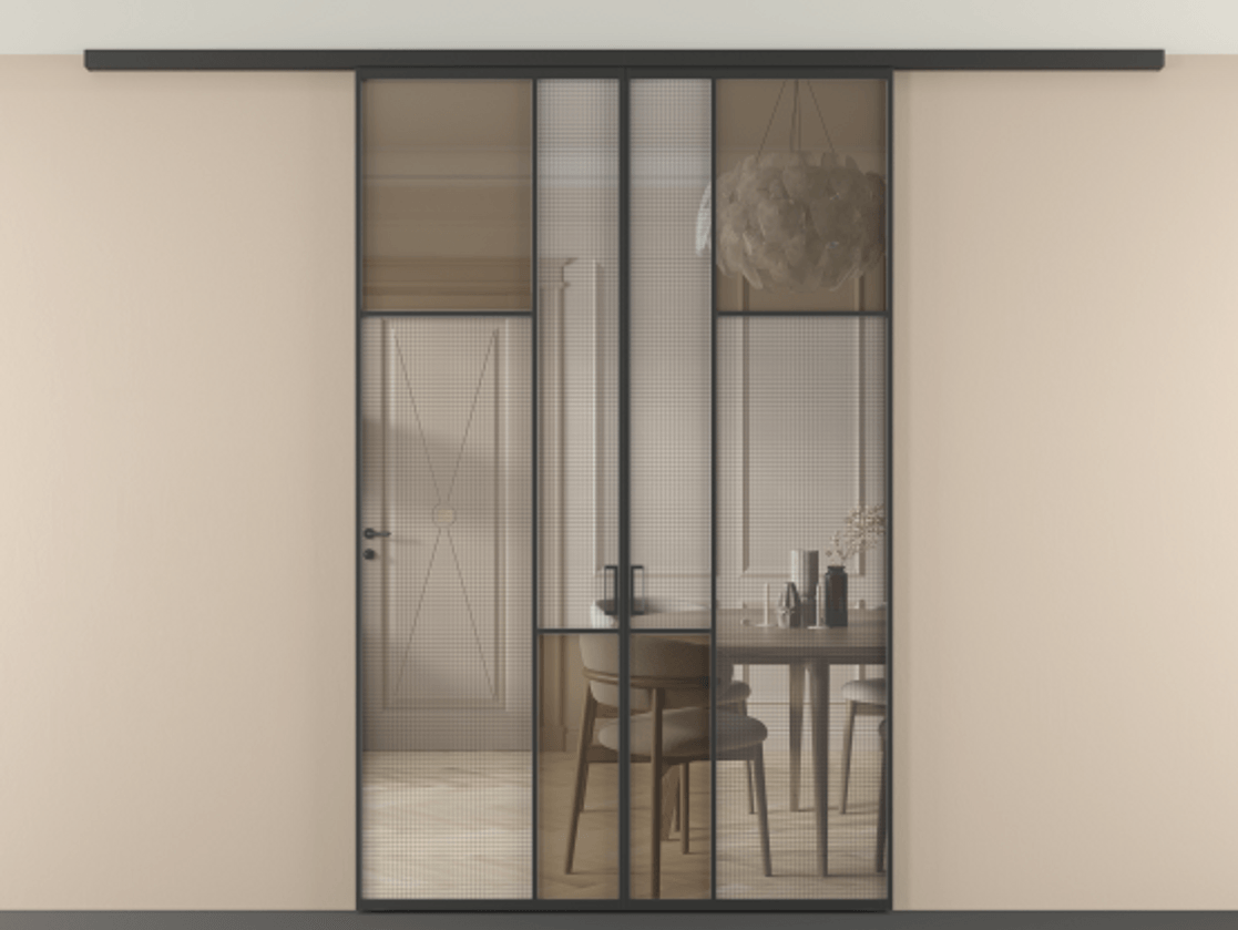 Перегородка Mosaic вдоль стены на потолок двустворчатая АЛПР 041.11 Алюминий Черный Декоративное стекло с сеткой "Mesh silver", триплекс, 6 мм + Прозрачное бронзовое стекло, триплекс, 6 мм. Скрытый короб ЧЕР Цена 249920 ₽ . Фабрика дверей Волховец 8 (800) 551 43 19 Перегородка Mosaic вдоль стены на потолок двустворчатая АЛПР 041.11 Алюминий Черный Декоративное стекло с сеткой "Mesh silver", триплекс, 6 мм + Прозрачное бронзовое стекло, триплекс, 6 мм Цена 249920 ₽ | Volhovec