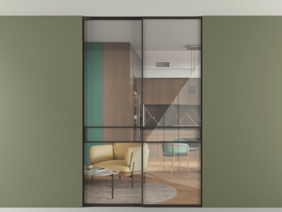 Перегородка Formato внутри проёма скрытое крепление в потолок 2 створки АЛПР 040.02 Алюминий антрацит Рефлективное прозрачное стекло "Stopsol", калёное Цена 2060430 AMD | Volhovec