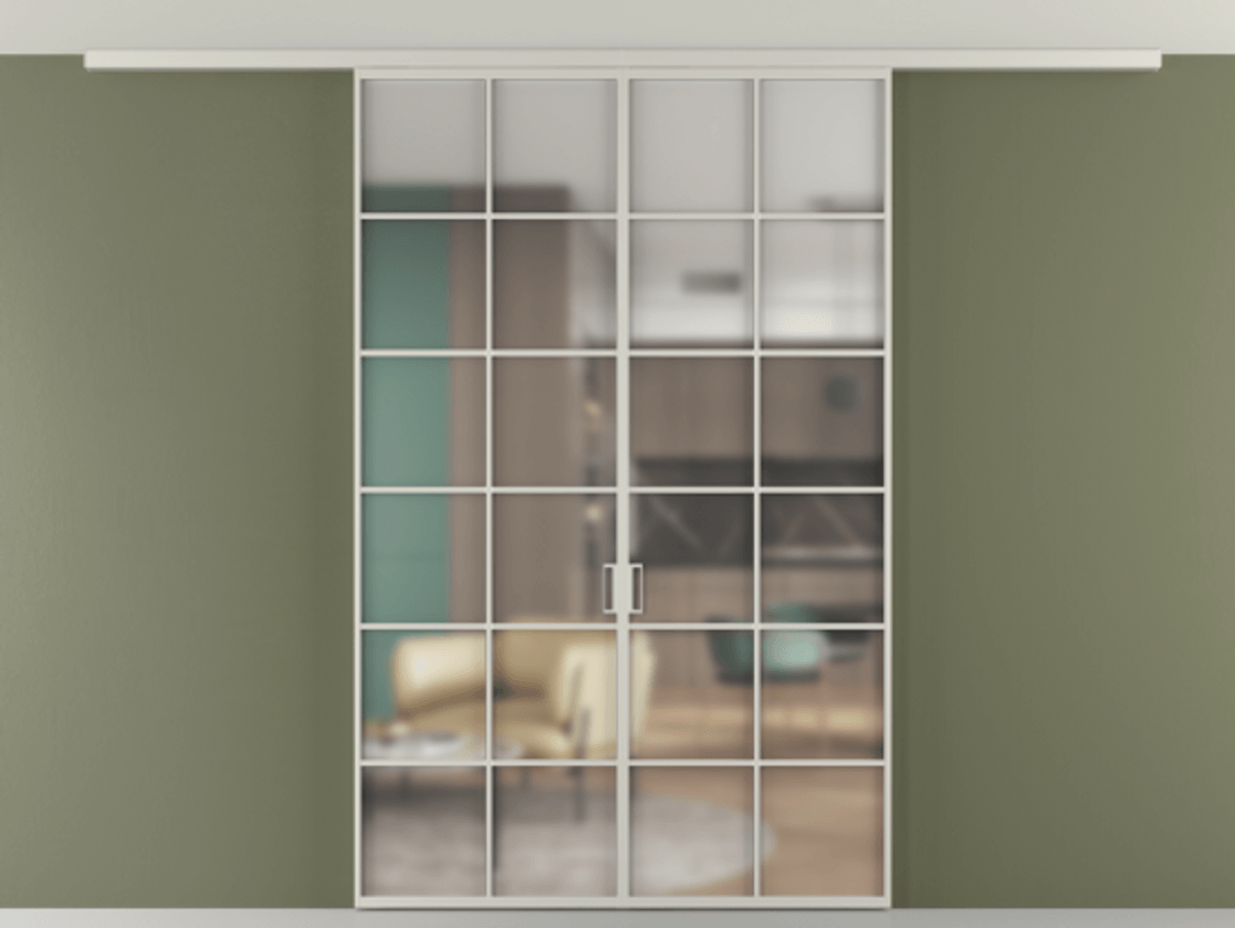 Перегородка Формато вдоль стены на потолок 2 створки АЛПР 040.05 Алюминий тёплый серый Сатинированное стекло "Мателюкс Кристал Вижн", калёное, матовое, каленое 6 мм Цена 1760720 AMD | Volhovec