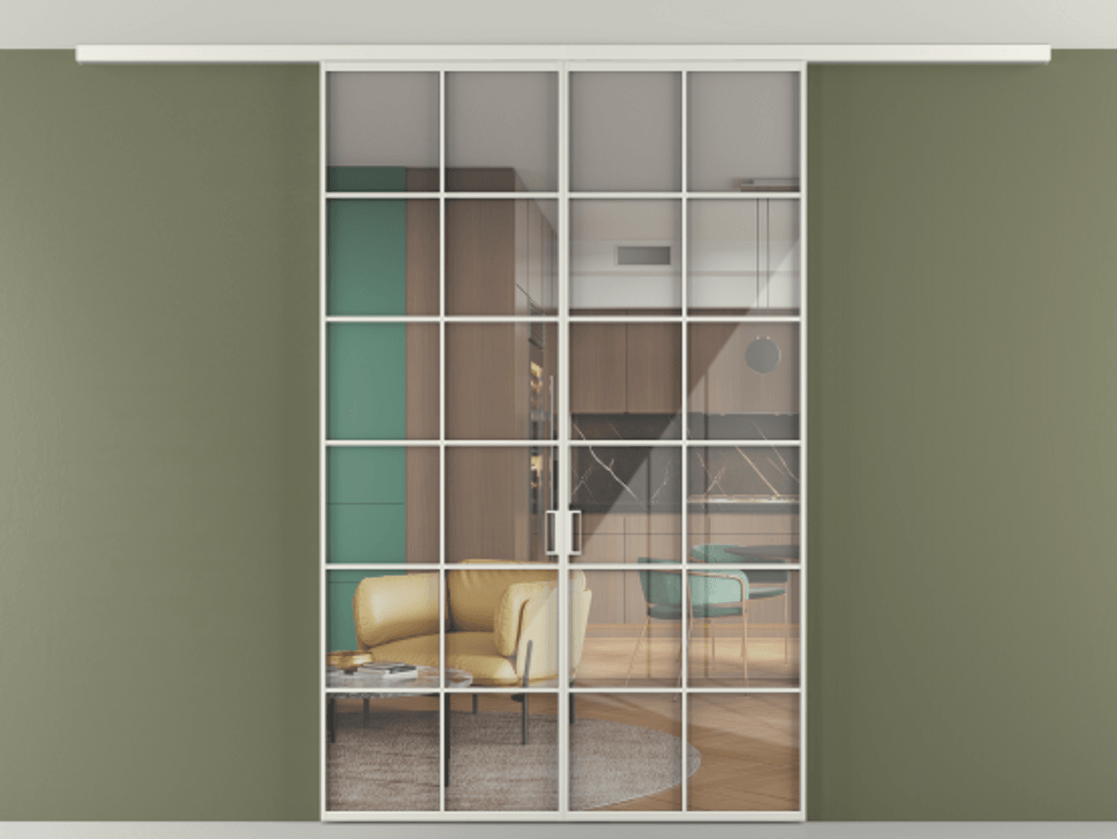 Перегородка Формато вдоль стены на потолок 2 створки АЛПР 040.05 Алюминий серый Рефлективное прозрачное стекло "Стопсол", калёное Цена 1493150 AMD | Volhovec