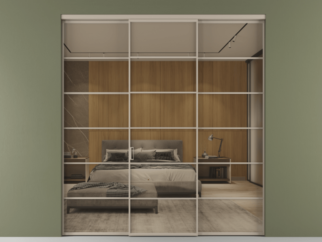 Перегородка Формато внутри проёма 3 створки АЛПР 040.04 Алюминий бисквитный Рефлективное бронзовое стекло "Стопсол", калёное Цена 2299700 AMD | Volhovec