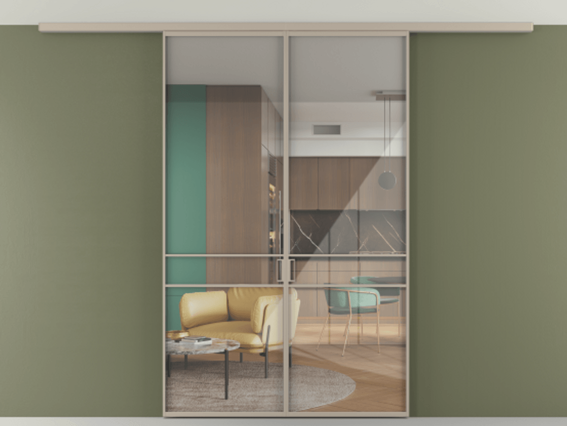 Перегородка Формато вдоль стены на потолок 2 створки АЛПР 040.02 Алюминий бисквитный Рефлективное прозрачное стекло "Стопсол", калёное Цена 1400570 AMD | Volhovec