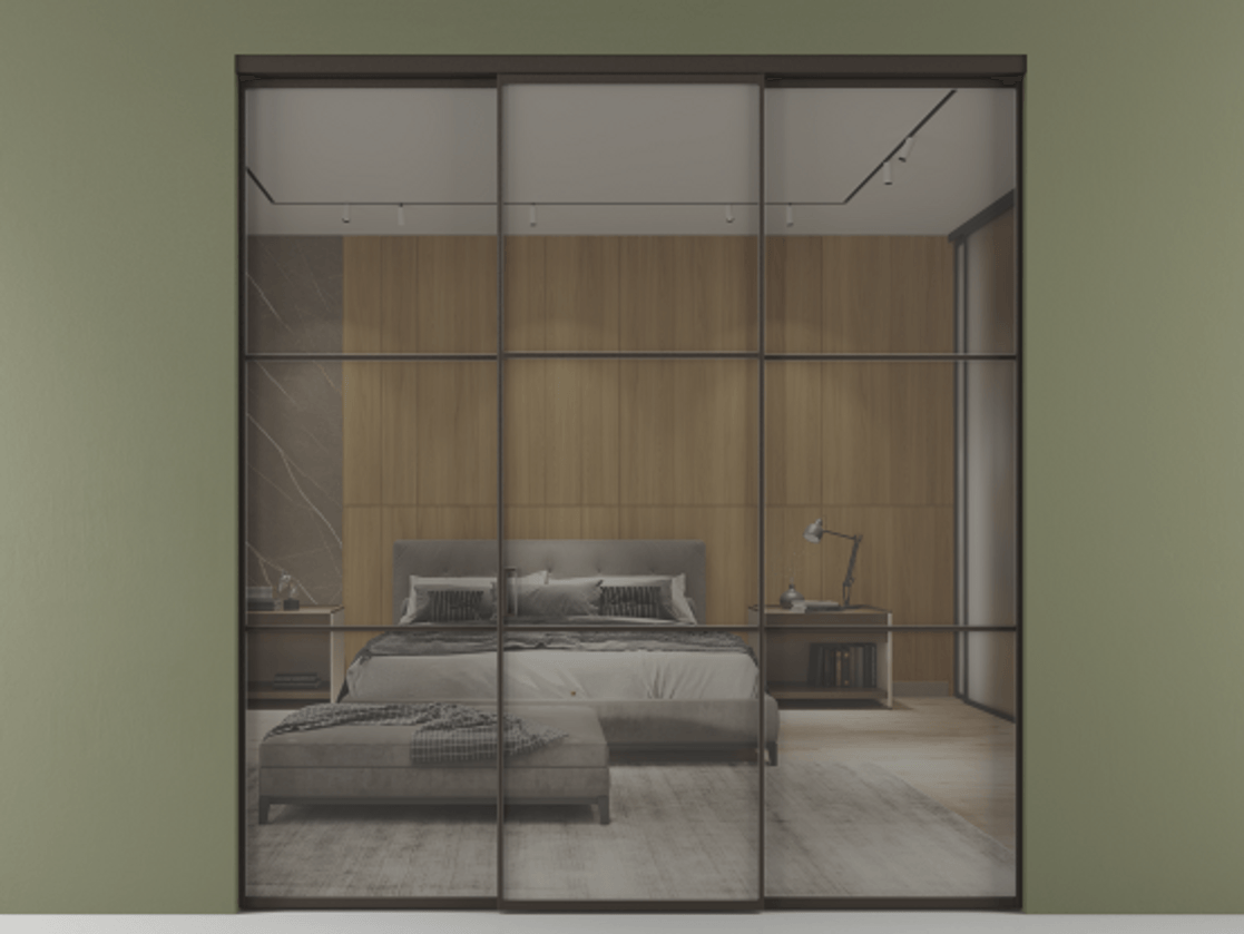 Перегородка Формато внутри проёма 3 створки АЛПР 040.03 Алюминий антрацит Рефлективное серое стекло "Стопсол", калёное Цена 2141890 AMD | Volhovec