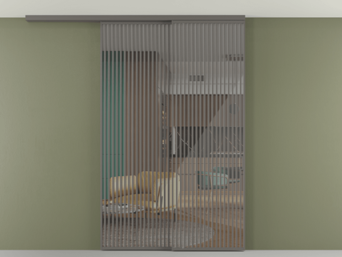 Перегородка Формато вдоль стены на потолок 2 створки с синхронным механизмом АЛПР 040.06 Алюминий классический серый Рефлективное прозрачное стекло "Стопсол", калёное Цена 3124200 AMD | Volhovec