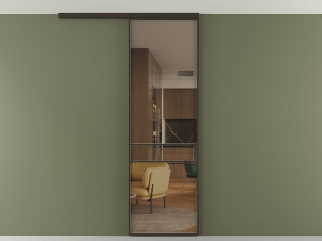 Перегородка Формато вдоль стены на потолок 1 створка АЛПР 040.02 Алюминий антрацит Прозрачное бронзовое стекло, триплекс Цена 653210 AMD | Volhovec