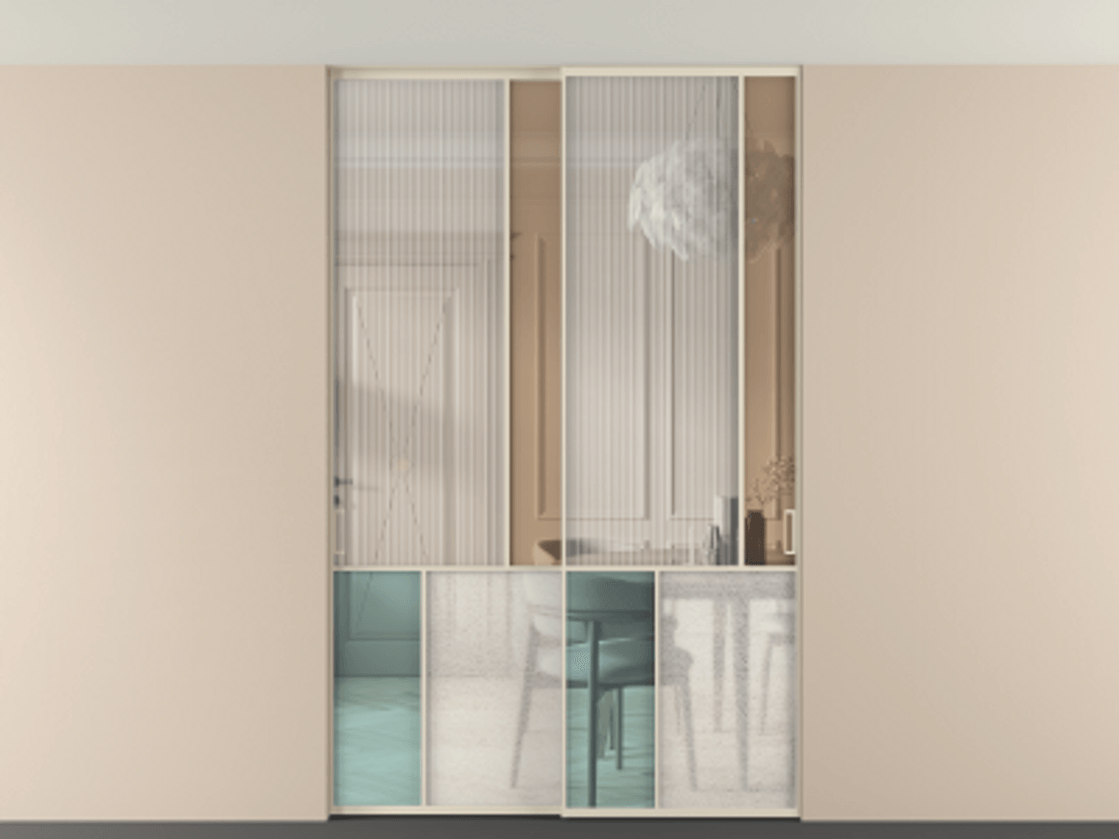 Перегородка Mosaic внутри проёма двустворчатая со скрытым креплением в потолок АЛПР 041.21 Алюминий бежево-серый Комбинация стекол Группы 1 и Группы 3 Цена 336580 ₽ | Volhovec