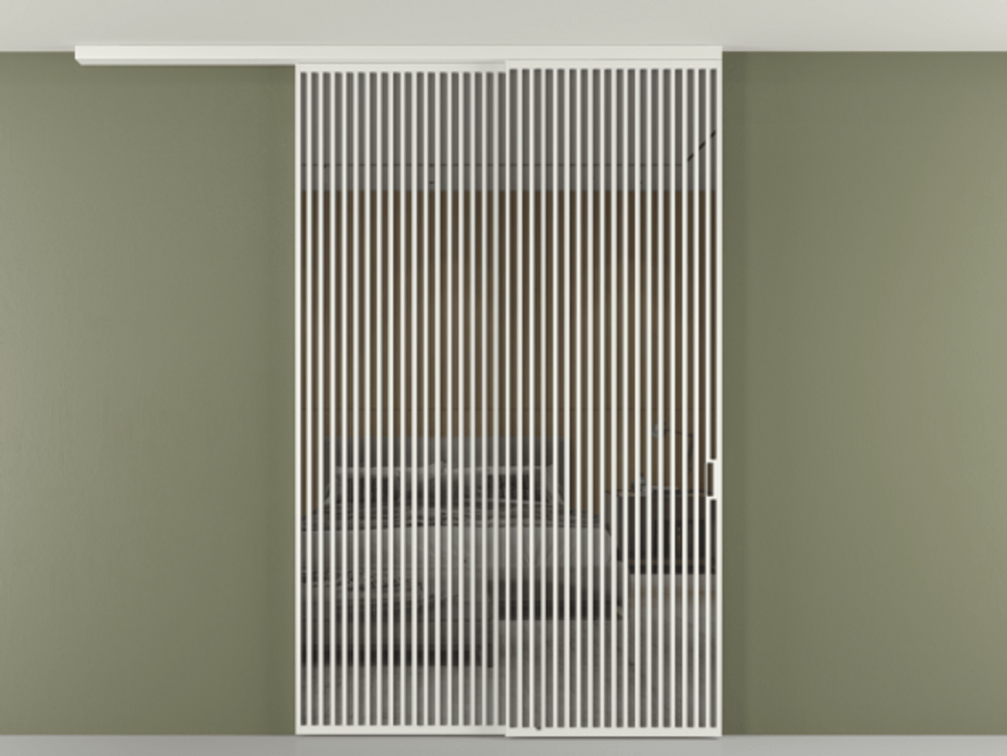 Перегородка Формато вдоль стены на потолок 2 створки с синхронным механизмом АЛПР 040.06 Алюминий светло-серый Рефлективное серое стекло "Стопсол", калёное Цена 3659430 AMD | Volhovec