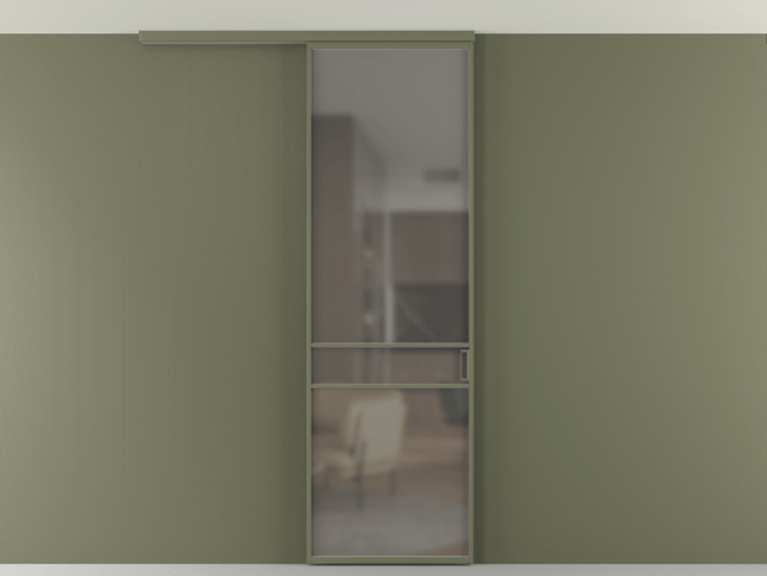 Перегородка Формато вдоль стены на потолок 1 створка АЛПР 040.02 Алюминий оливковый тёмный Сатинированное серое стекло, триплекс Цена 653210 AMD | Volhovec