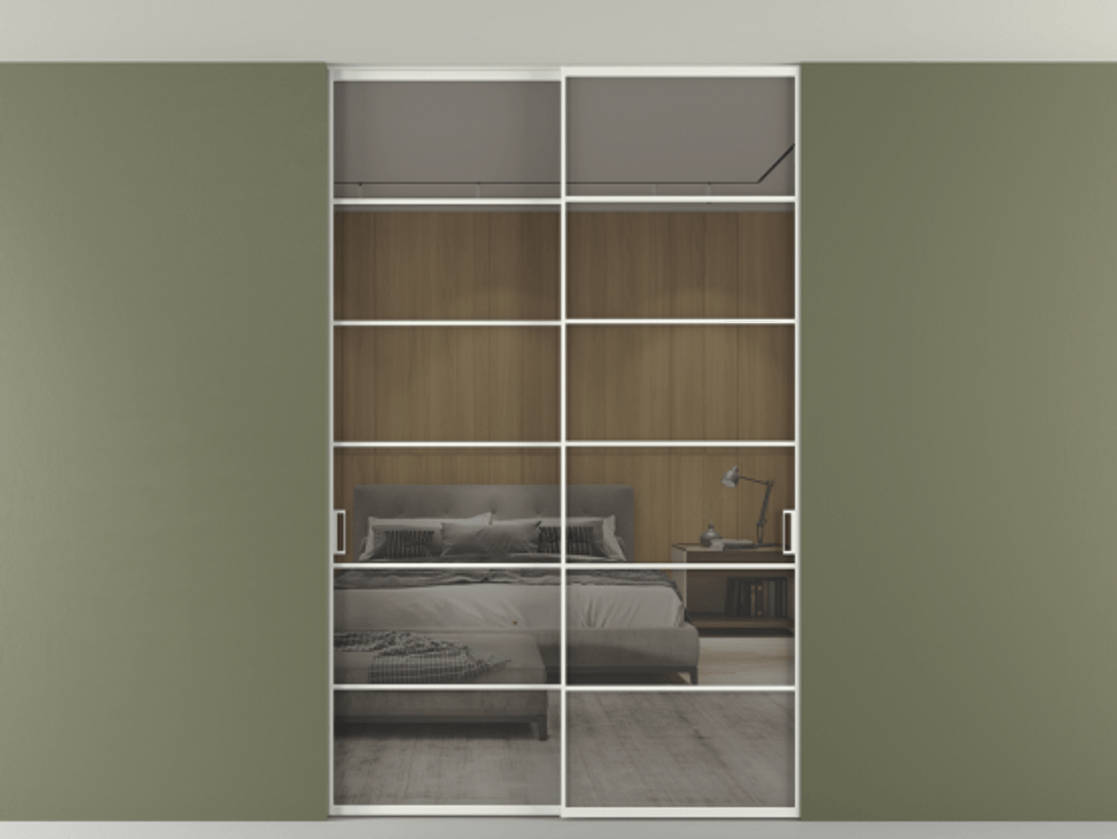 Перегородка Формато внутри проёма скрытое крепление в потолок 2 створки АЛПР 040.04 Алюминий светло-серый Рефлективное серое стекло "Стопсол", калёное Цена 2176150 AMD | Volhovec