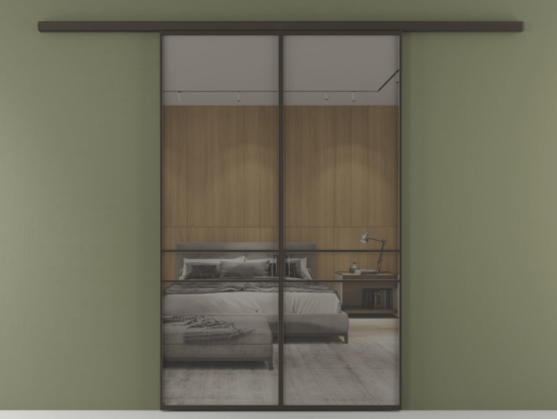 Перегородка Formato вдоль стены 2 створки АЛПР 040.02 Алюминий антрацит Рефлективное серое стекло "Stopsol", калёное Цена 1679260 AMD | Volhovec