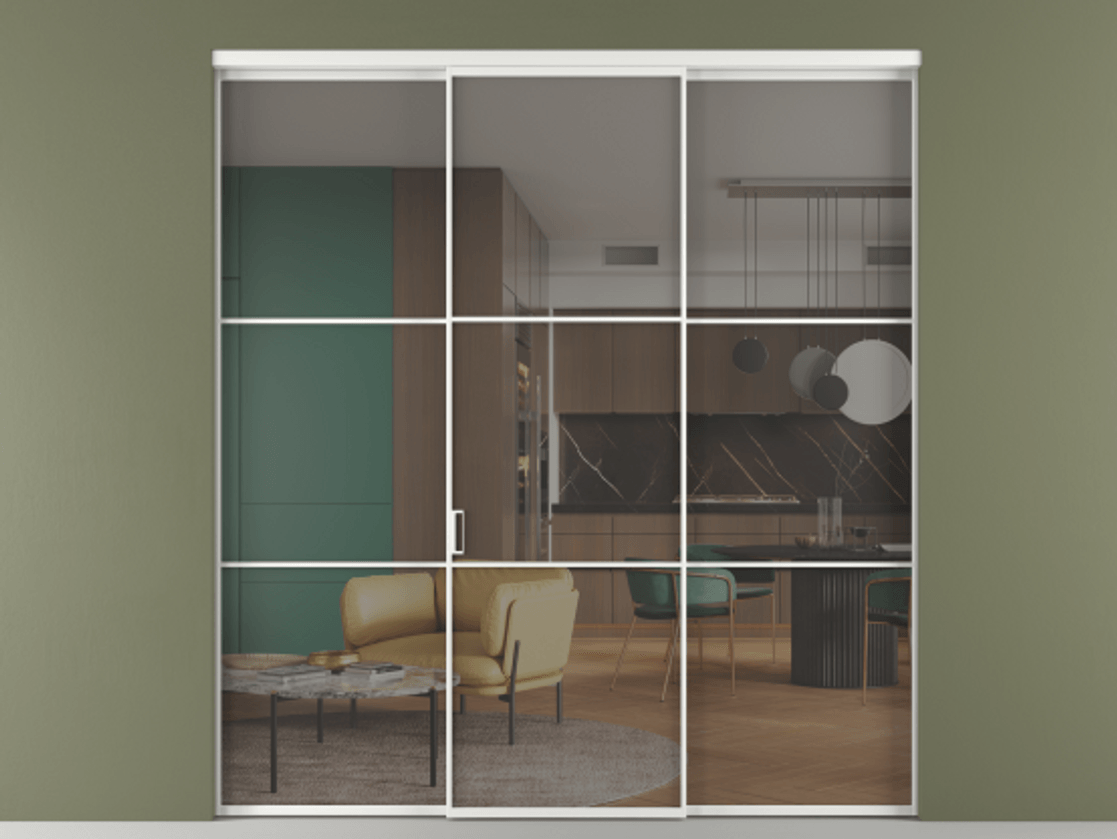 Перегородка Formato внутри проёма 3 створки АЛПР 040.03 Алюминий белоснежный Прозрачное серое стекло, триплекс Цена 12370 AZE | Volhovec