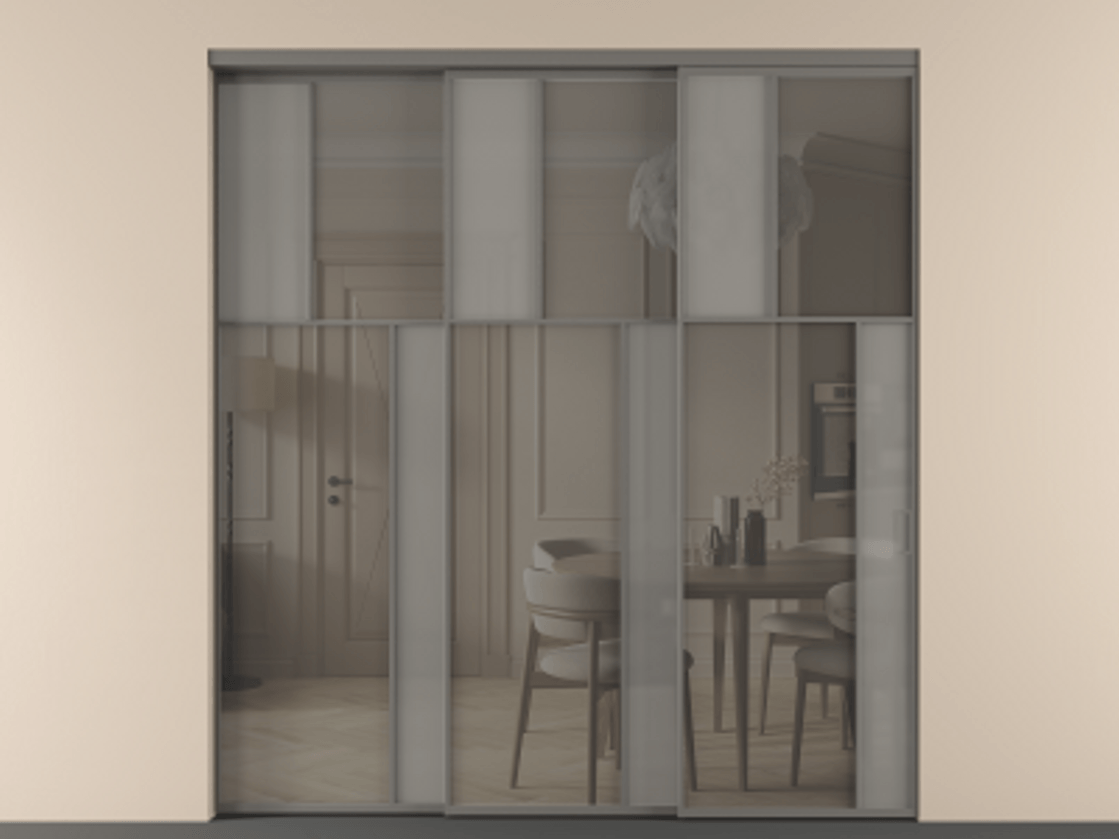 Перегородка Мозаик внутри проёма 3 створки с синхронным механизмом АЛПР 041.23 Алюминий классический серый Сатинированное серое стекло, триплекс, 6 мм + Прозрачное серое стекло, триплекс Цена 2949760 AMD | Volhovec