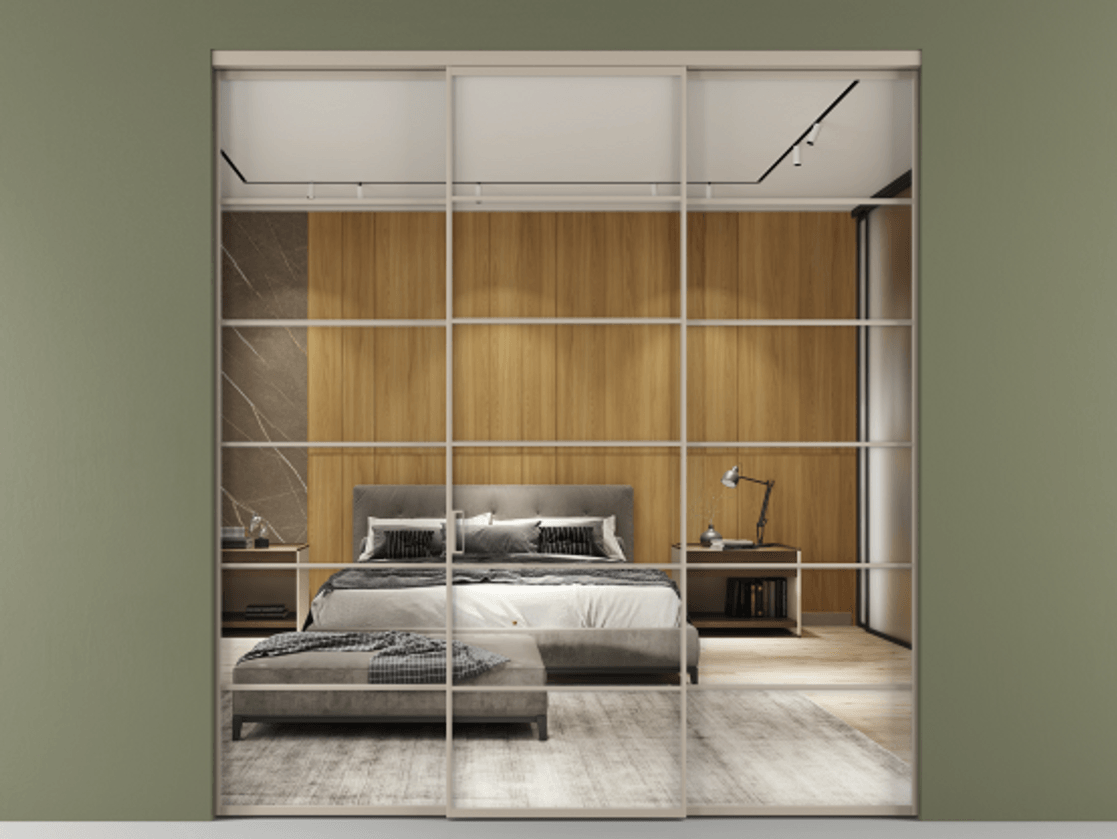 Перегородка Formato внутри проёма 3 створки АЛПР 040.04 Алюминий бисквитный Двустороннее зеркало, триплекс , триплекс 6 мм Цена 1718540 AMD | Volhovec