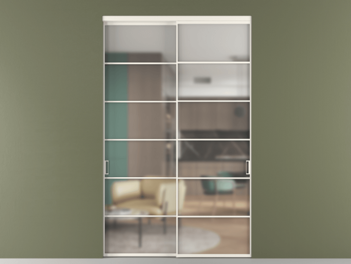 Перегородка Формато внутри проёма 2 створки АЛПР 040.04 Алюминий пудровый белый Сатинированное стекло "Мателюкс Кристал Вижн", калёное, матовое, каленое 6 мм Цена 3330860 AMD  | Volhovec