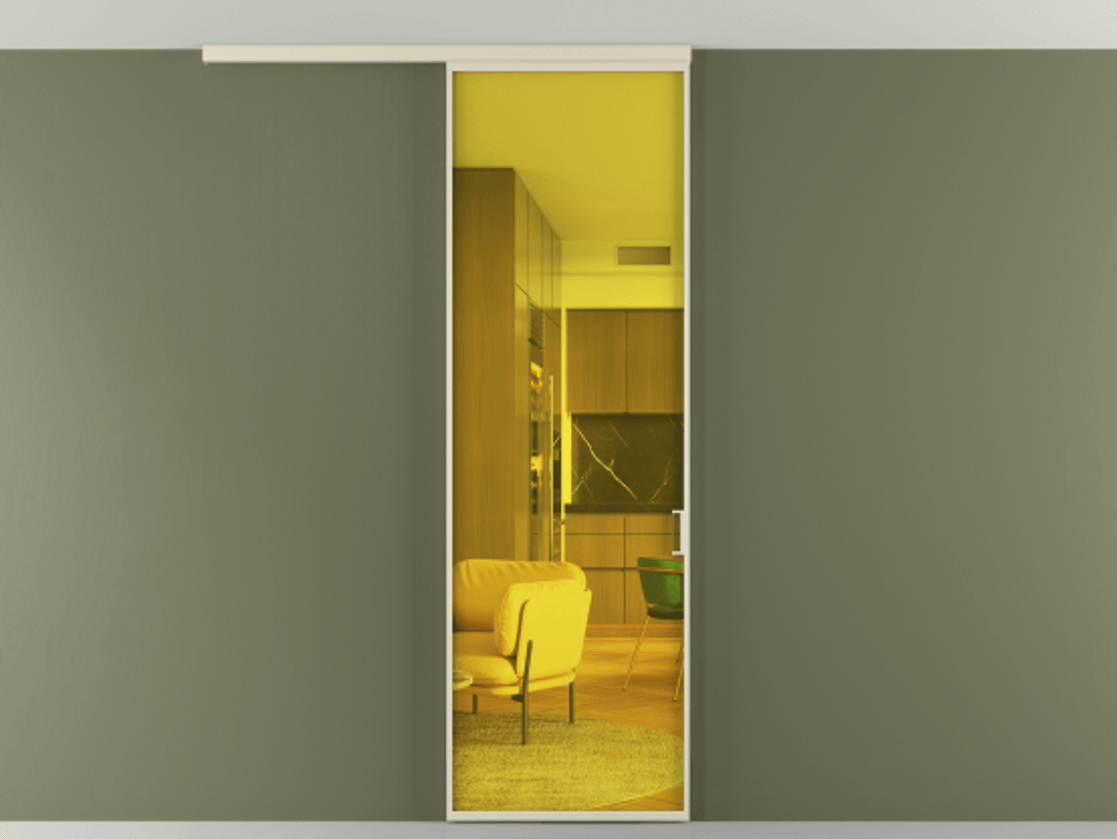 Перегородка Formato вдоль стены на потолок 1 створка АЛПР 040.01 Алюминий бежево-серый Прозрачное жёлтое стекло, триплекс Цена 649000 AMD | Volhovec