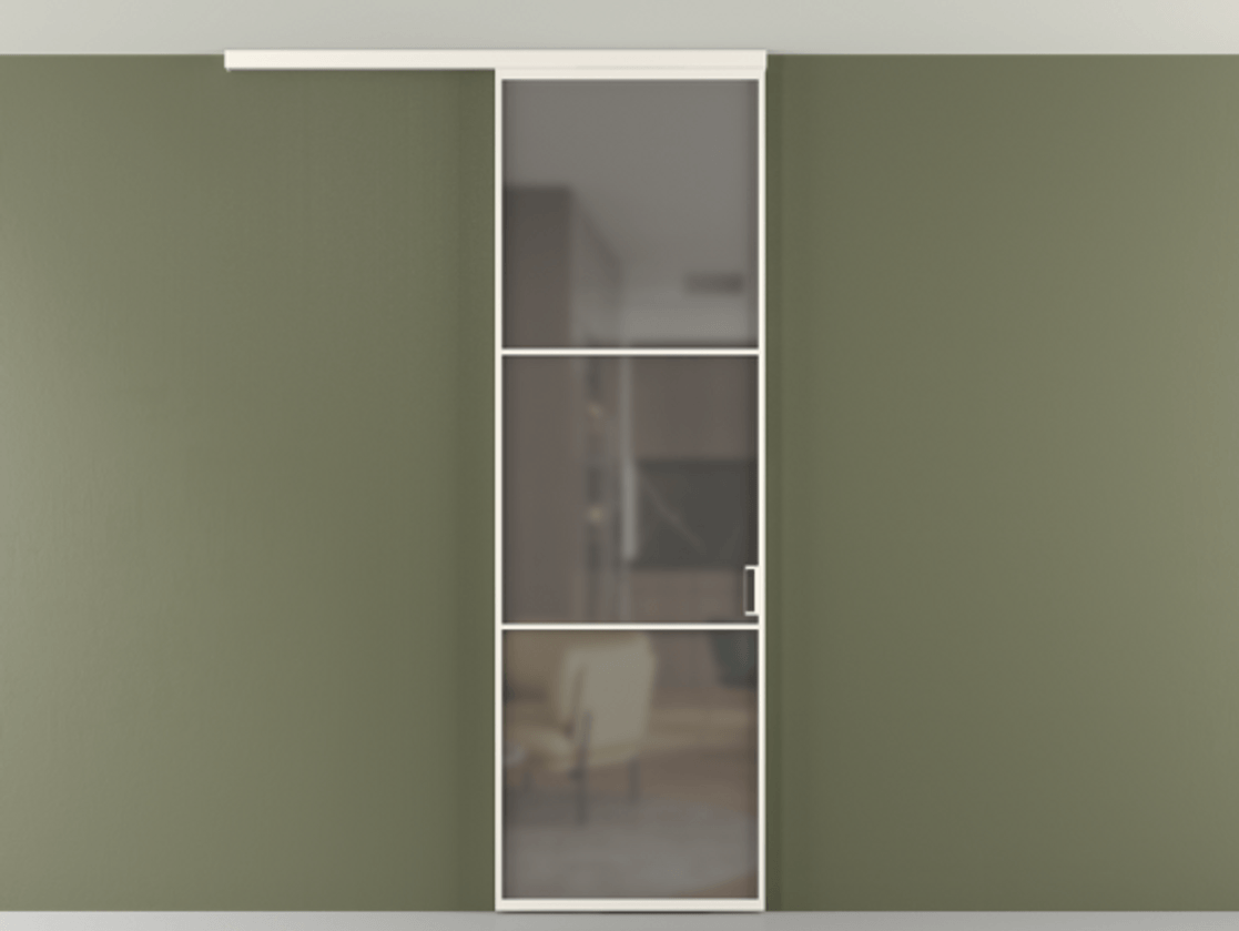 Перегородка Формато вдоль стены на потолок 1 створка АЛПР 040.03 Алюминий пудровый белый Сатинированное серое стекло, триплекс Цена 653210 AMD | Volhovec