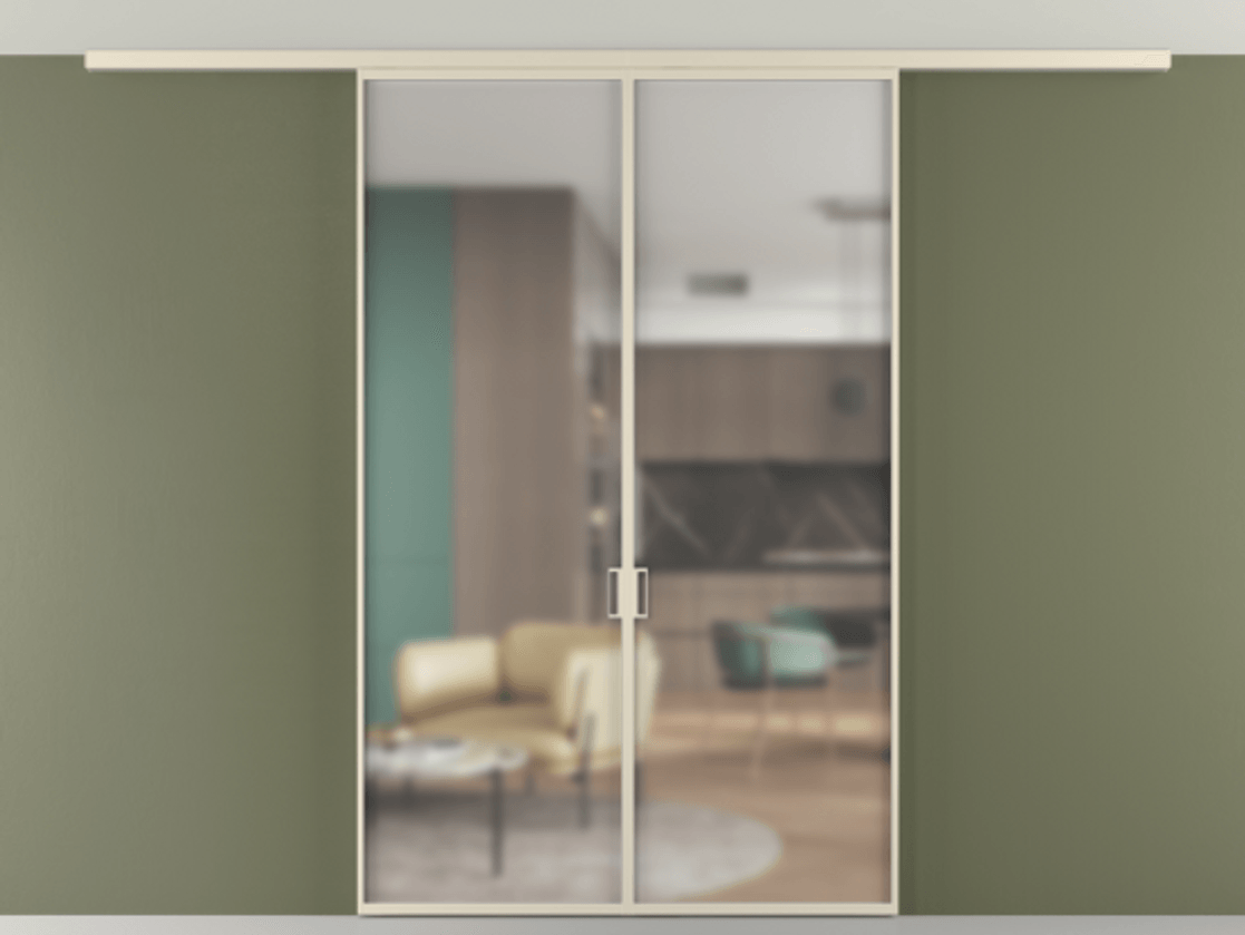 Перегородка Формато вдоль стены на потолок 2 створки АЛПР 040.01 Алюминий бежево-серый Сатинированное стекло "Мателюкс Кристал Вижн", калёное, матовое, каленое 6 мм Цена 1564880 AMD | Volhovec