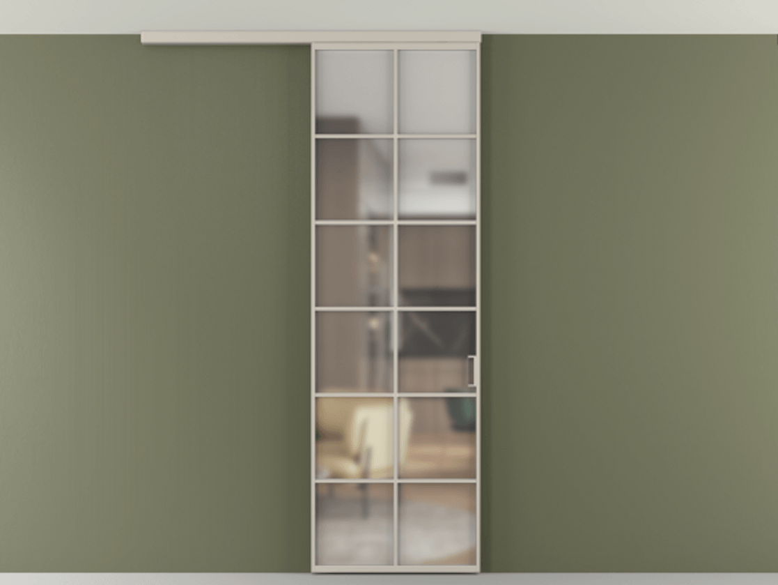 Перегородка Формато вдоль стены на потолок 1 створка АЛПР 040.05 Алюминий светло-бежевый Сатинированное стекло "Мателюкс Кристал Вижн", калёное, матовое, каленое 6 мм Цена 770520 AMD | Volhovec