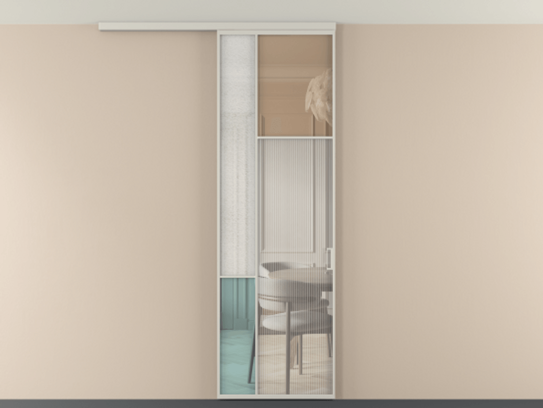 Перегородка Мозаик вдоль стены на потолок 1 створка АЛПР 041.11 Алюминий тёплый серый Комбинация стекол Группы 1 и Группы 3 Цена 951200 AMD | Volhovec