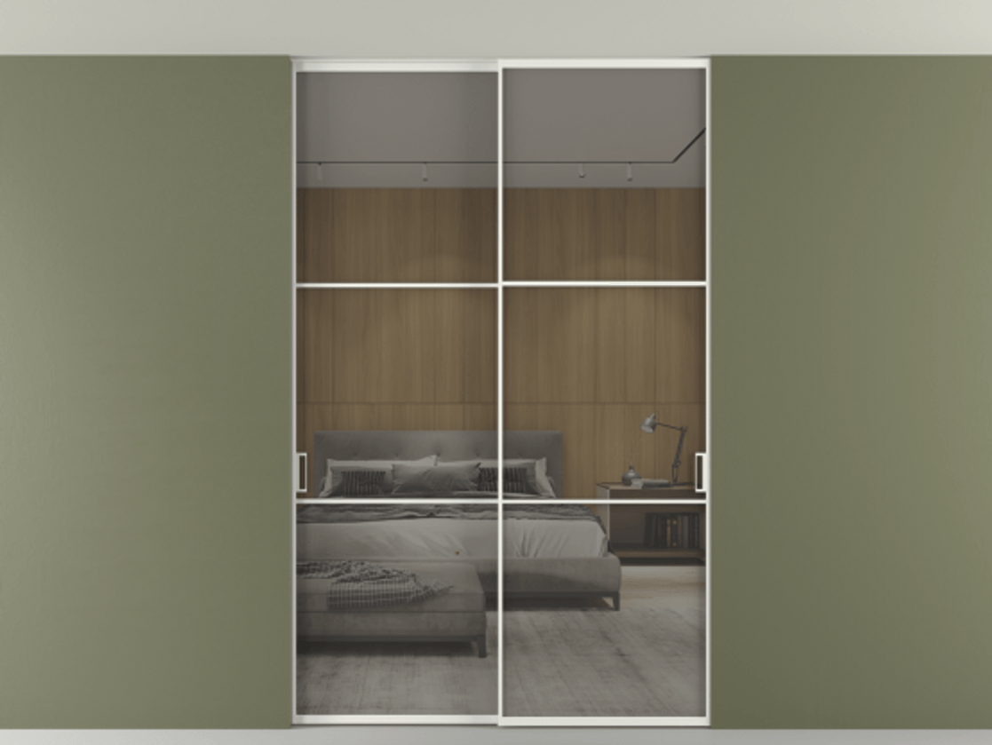 Перегородка Формато внутри проёма скрытое крепление в потолок 2 створки АЛПР 040.03 Алюминий светло-серый Рефлективное серое стекло "Стопсол", калёное Цена 2060430 AMD | Volhovec