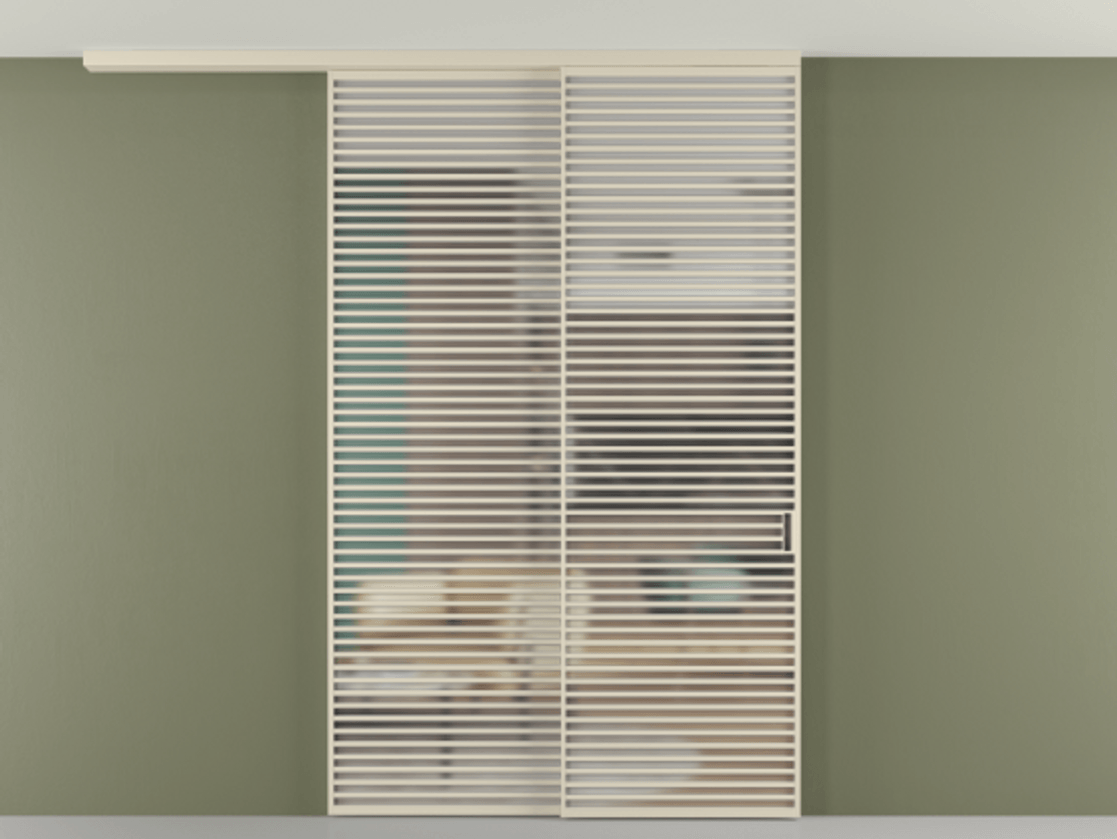 Перегородка Формато вдоль стены на потолок 2 створки с синхронным механизмом АЛПР 040.07 Алюминий бежево-серый Сатинированное стекло "Мателюкс Кристал Вижн", калёное, матовое, каленое 6 мм Цена 3659430 AMD | Volhovec