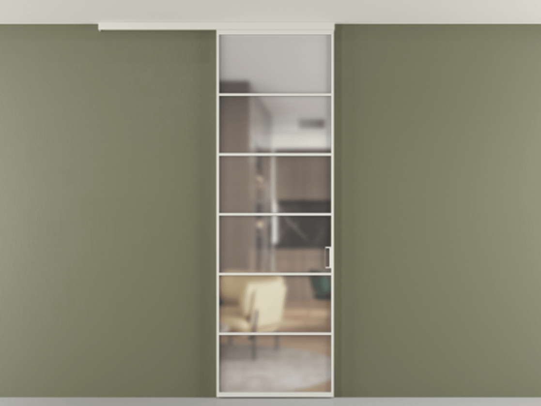 Перегородка Formato вдоль стены на потолок одностворчатая АЛПР 040.04 Алюминий Белый Сатинированное стекло "Matelux Crystal Vision", калёное, 6 мм, матовое, каленое 6 мм Цена 122040 ₽ | Volhovec