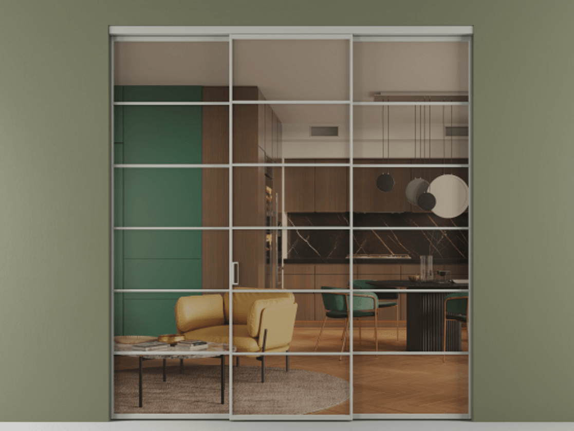 Перегородка Formato внутри проёма 3 створки АЛПР 040.04 Алюминий нейтральный серый Прозрачное бронзовое стекло, триплекс Цена 1718540 AMD | Volhovec