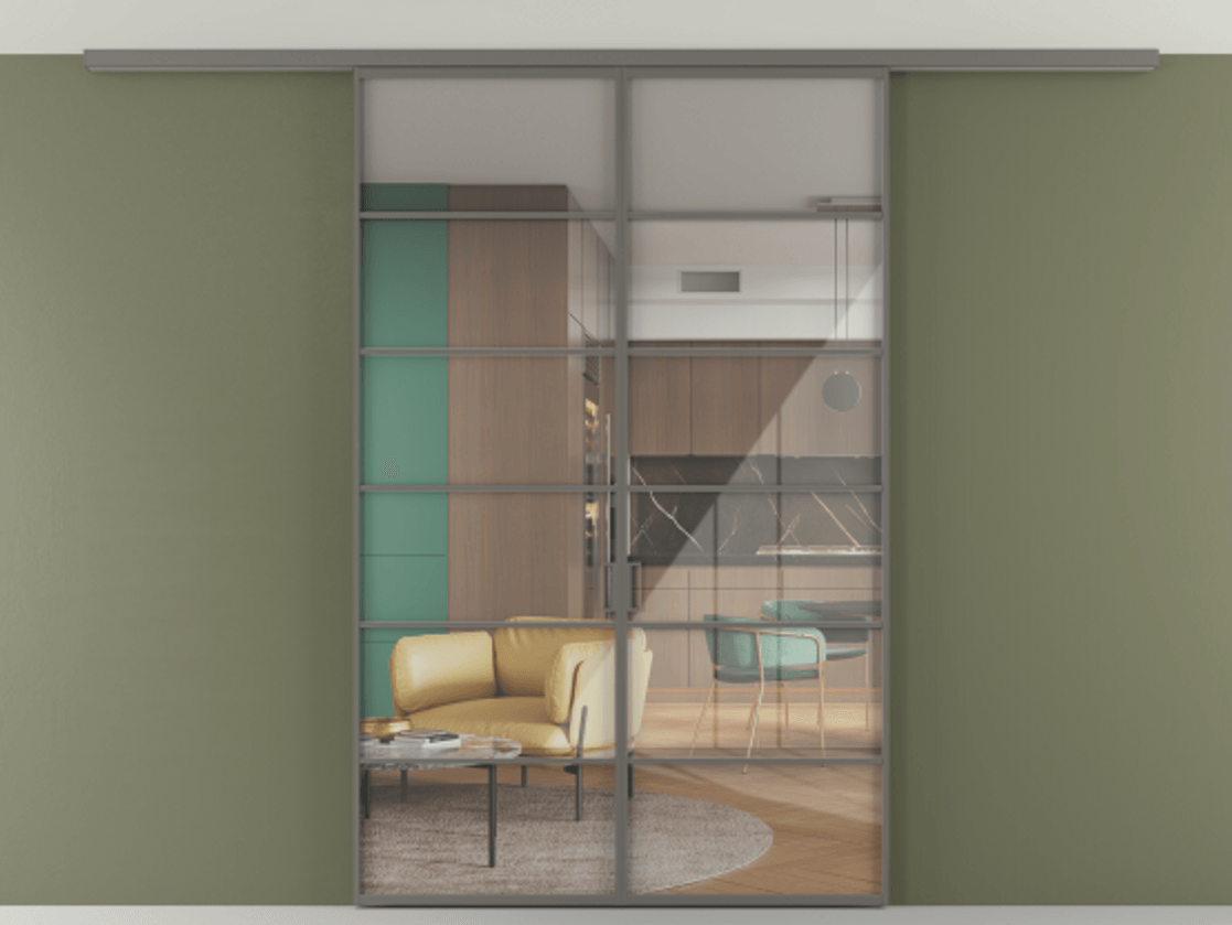 Перегородка Formato вдоль стены на потолок 2 створки АЛПР 040.04 Алюминий классический серый Рефлективное прозрачное стекло "Stopsol", калёное Цена 1760720 AMD | Volhovec