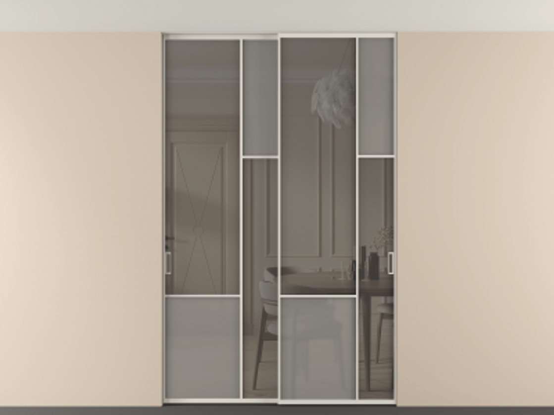 Перегородка Мозаик внутри проёма скрытое крепление в потолок 2 створки АЛПР 041.12 Алюминий облачно-серый Сатинированное серое стекло, триплекс, 6 мм + Прозрачное серое стекло, триплекс Цена 2188970 AMD | Volhovec