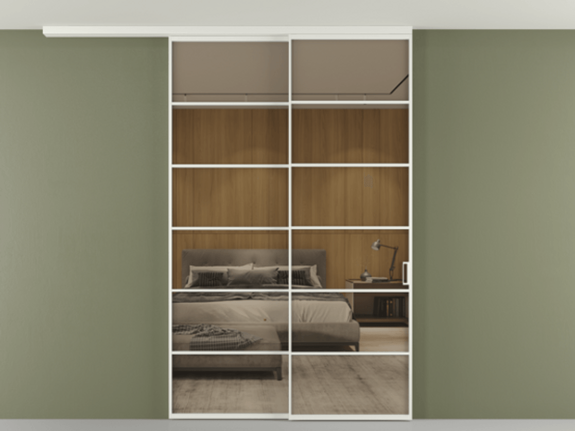 Перегородка Формато вдоль стены на потолок 2 створки с синхронным механизмом АЛПР 040.04 Алюминий светло-серый Рефлективное бронзовое стекло "Стопсол", калёное Цена 2321150 AMD | Volhovec