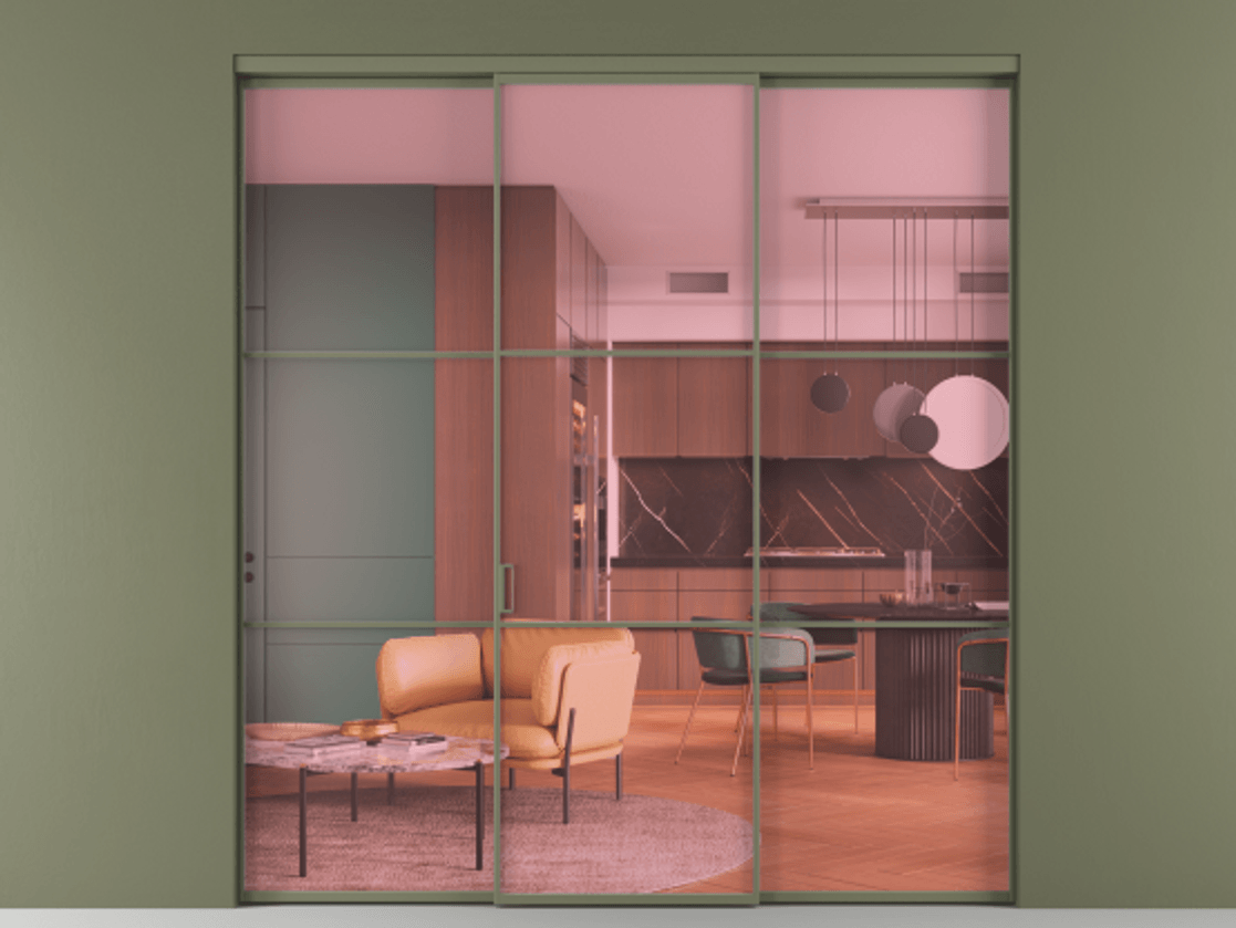 Перегородка Формато внутри проёма 3 створки АЛПР 040.03 Алюминий оливковый тёмный Прозрачное розовое стекло, триплекс Цена 1676200 AMD | Volhovec