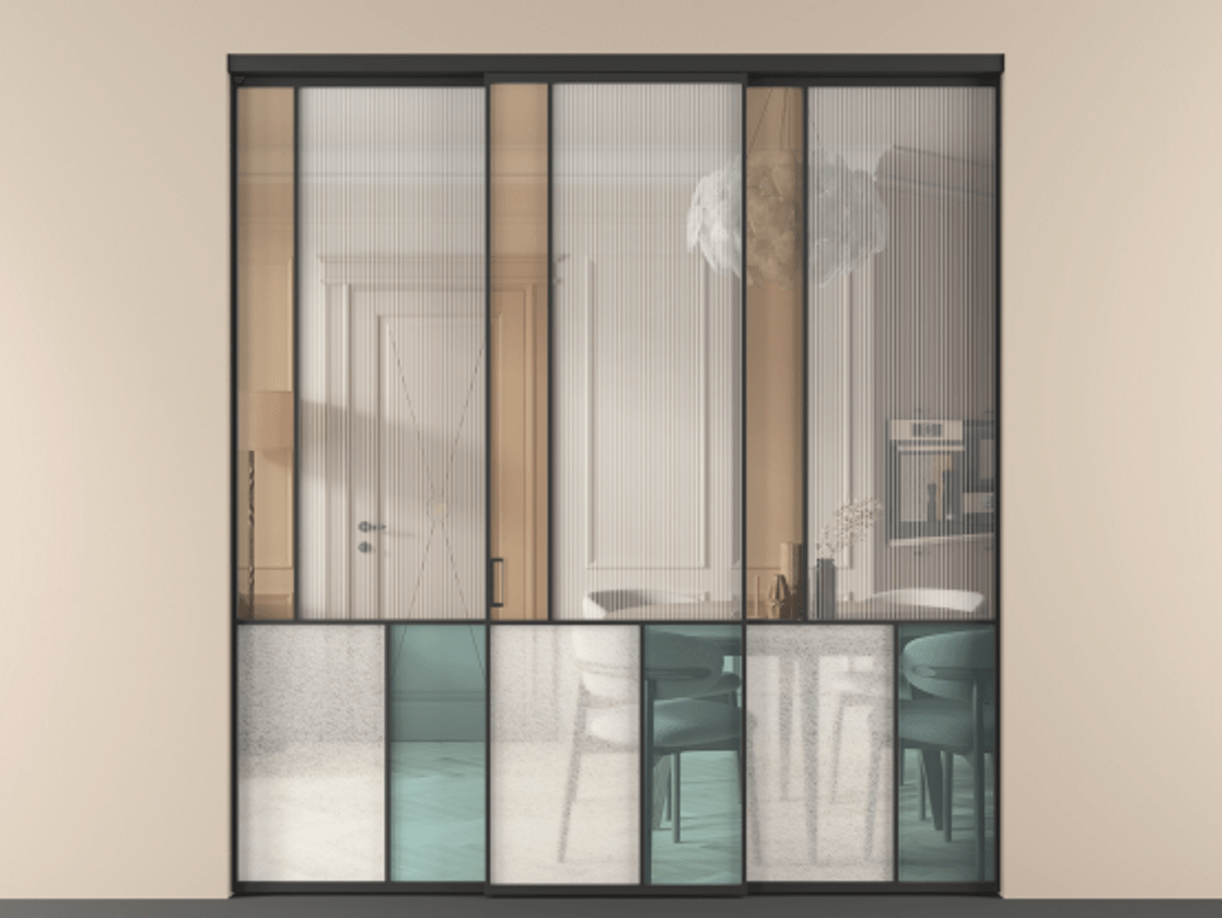 Перегородка Мозаик внутри проёма 3 створки АЛПР 041.20 Алюминий Черный Комбинация стекол Группы 1 и Группы 3 Цена 2327800 AMD | Volhovec