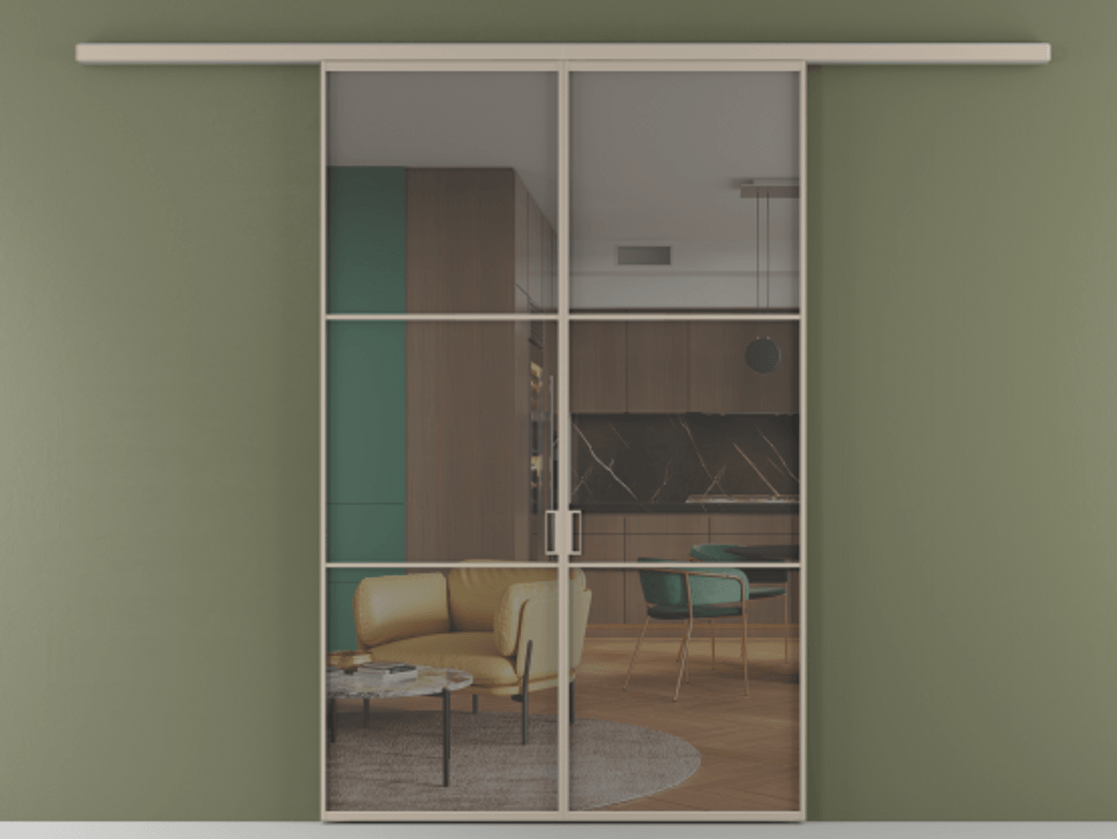 Перегородка Формато вдоль стены 2 створки АЛПР 040.03 Алюминий бисквитный Прозрачное серое стекло, триплекс Цена 195450 ₽ | Volhovec