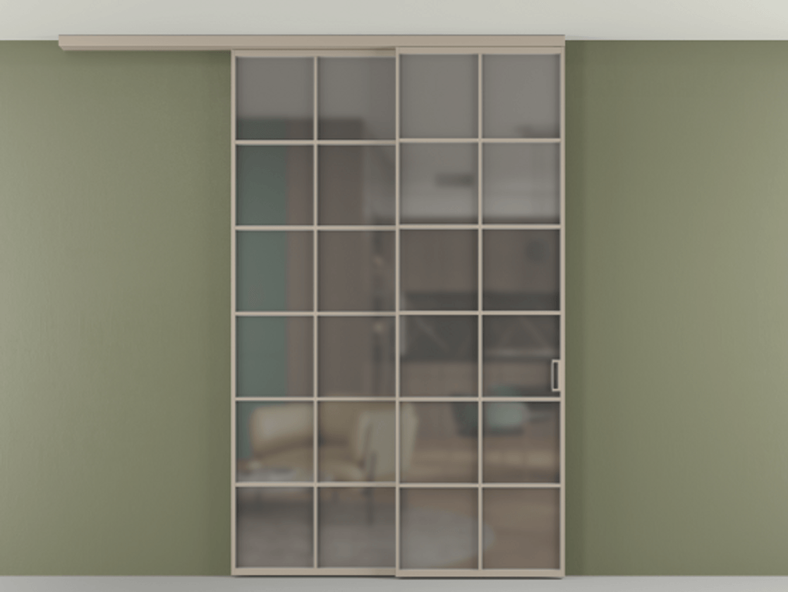 Перегородка Формато вдоль стены на потолок 2 створки с синхронным механизмом АЛПР 040.05 Алюминий бисквитный Сатинированное серое стекло, триплекс Цена 1967250 AMD | Volhovec