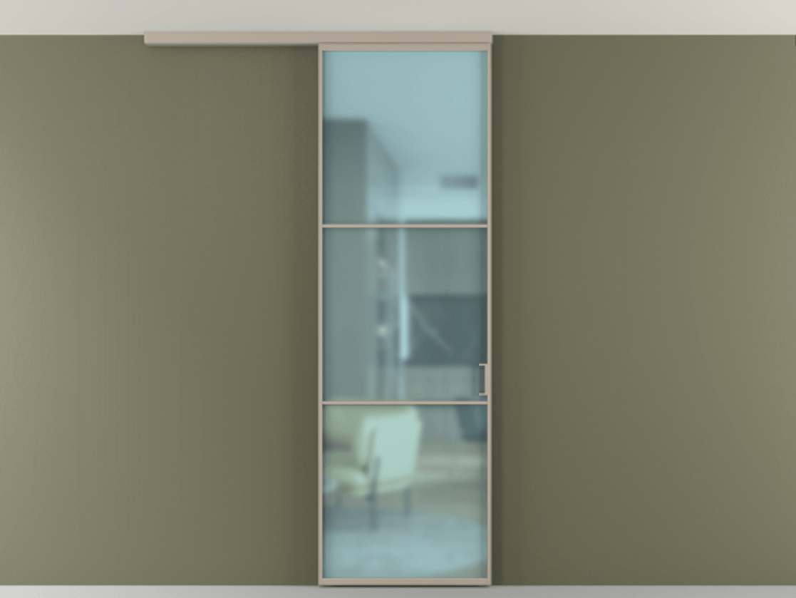 Перегородка Формато вдоль стены на потолок 1 створка АЛПР 040.03 Алюминий бисквитный Сатинированное голубое стекло, триплекс Цена 681100 AMD | Volhovec