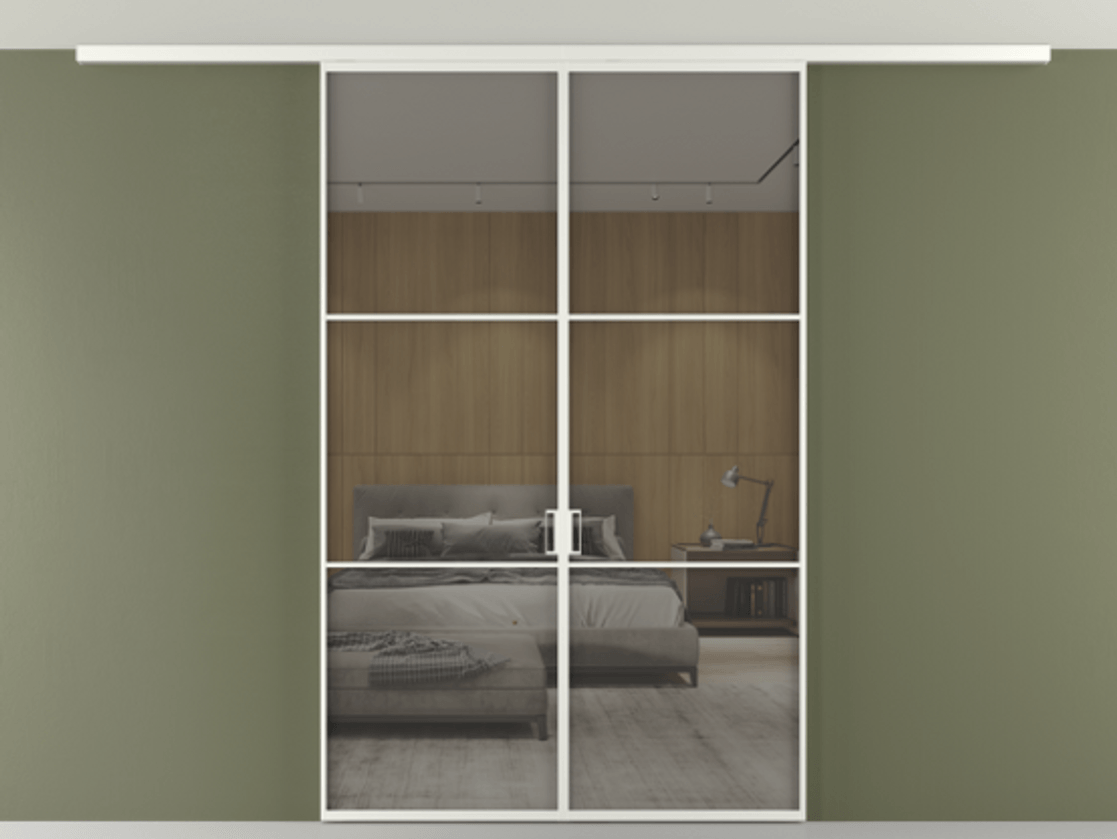 Перегородка Формато вдоль стены на потолок 2 створки АЛПР 040.03 Алюминий светло-серый Рефлективное серое стекло "Стопсол", калёное Цена 1645000 AMD | Volhovec