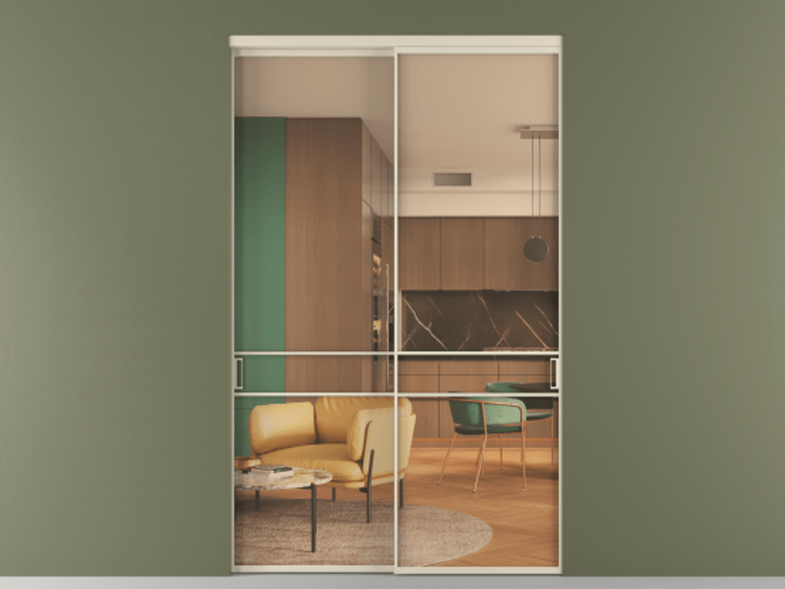 Перегородка Формато внутри проёма 2 створки АЛПР 040.02 Алюминий бежево-серый Прозрачное оранжевое стекло, триплекс Цена 2915200 AMD  | Volhovec