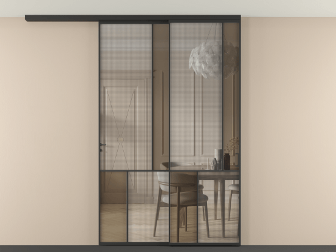 Перегородка Mosaic вдоль стены на потолок телескопик синхро 2 АЛПР 041.21 Алюминий Черный Декоративное стекло с сеткой "Mesh silver", триплекс, 6 мм + Прозрачное бронзовое стекло, триплекс. Скрытый короб ЧЕР Цена 2303211 AMD . Фабрика дверей Волховец 8 (800) 551 43 19 Перегородка Mosaic вдоль стены на потолок телескопик синхро 2 АЛПР 041.21 Алюминий Черный Декоративное стекло с сеткой "Mesh silver", триплекс, 6 мм + Прозрачное бронзовое стекло, триплекс Цена 2303211 AMD | Volhovec